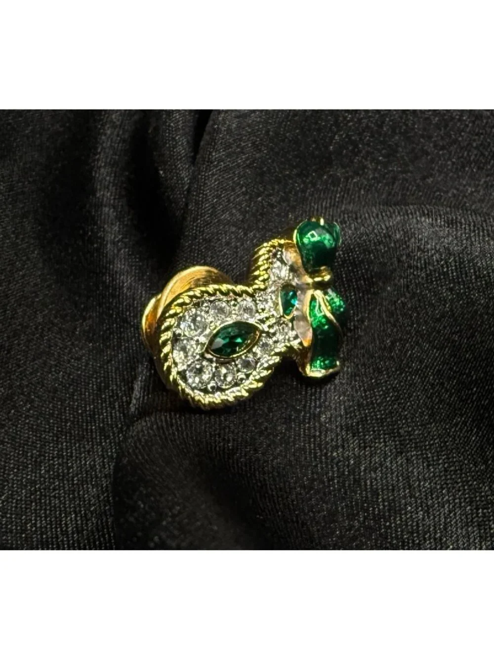 Vintage Swarovski Signed Masque Pin With Green & Clear Crystals
